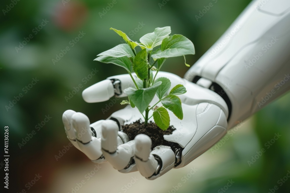 Poster a robot hand works on a modern farm. background with selective focus and copy space