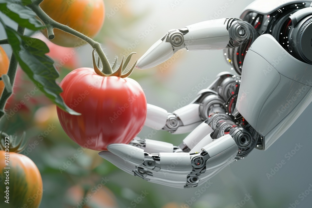 Aufkleber a robot hand works on a modern farm. background with selective focus and copy space