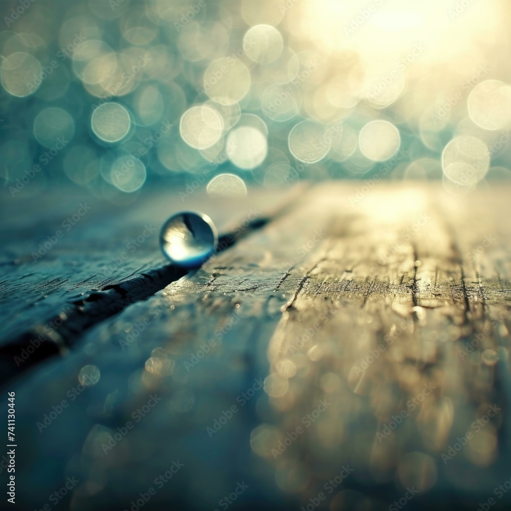 Poster a water drop on a wooden table with bokeh. generative ai.