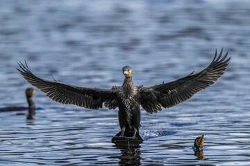 カワウの緊張の着水シーン