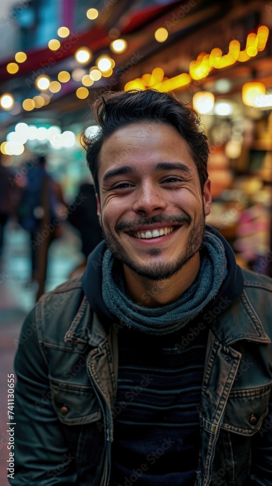 Poster a man is smiling in front of a store. generative ai.