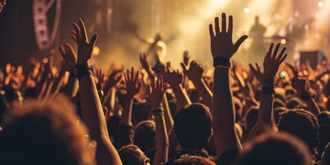 A crowd of people at a concert with their hands up. Generative AI.