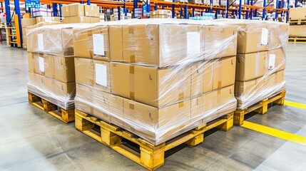 A large warehouse with boxes wrapped in plastic. Generative AI.