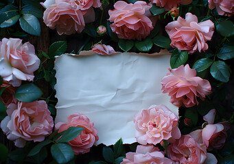 Beautiful rose flower frame background with paper card