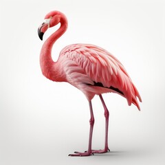 Elegant pink flamingo standing on one leg with a white background, ideal for nature and wildlife themes.