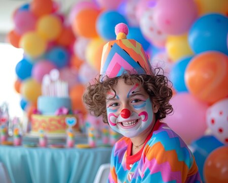 A happy young child dressed in a colorful clown costume, complete with face paint, celebrates at a vibrant birthday party.