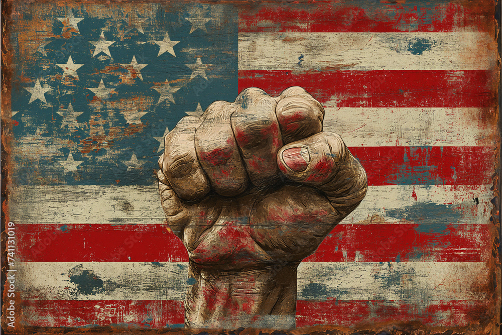 Wall mural usa flag and a clenched fist. strength, power, protest concept