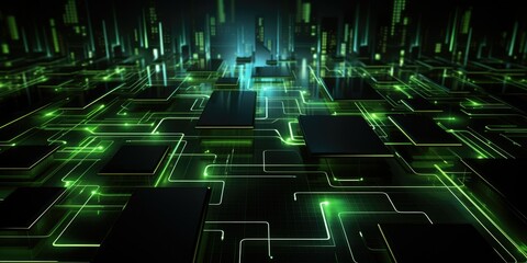 Abstract digital technology background with glowing green circuit lines on a dark backdrop.