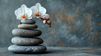 White orchid flowers and black stones, spa concept
