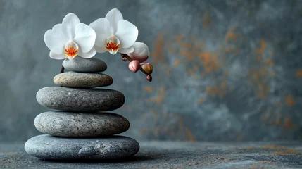 Afwasbaar Fotobehang Spa White orchid flowers and black stones, spa concept