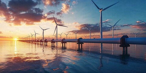 An offshore wind farm standing in the sea with hydrogen pipeline,  representing renewable energy and sustainability. - obrazy, fototapety, plakaty