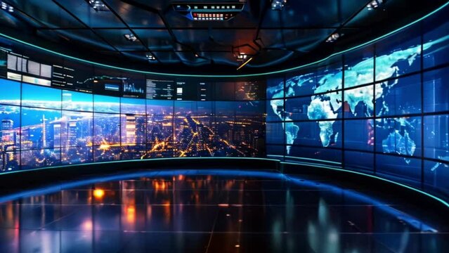 futuristic digital world map on large screen on corporate media video wall mainstream media set news broadcast concept Generative AI