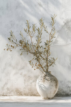 White concrete vase with olive tree branch