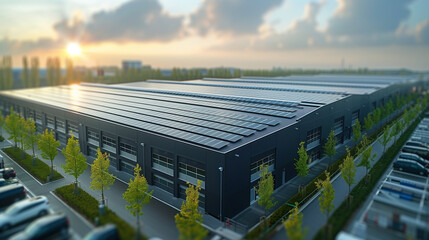 factory with solar panels attached on the roof against a sunny sky, Close up of new building with black solar panels during spring with flowers and blooming trees, luxury villa