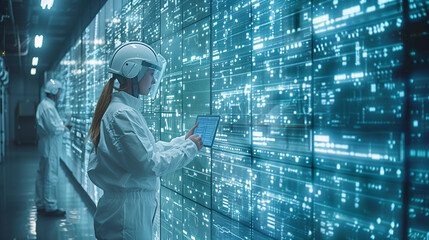 Industrial Engineers Visualize the Wall of Big Data Statistics and Optimize High-Tech Electronics , Factory Digitalization, futuristic AI industry