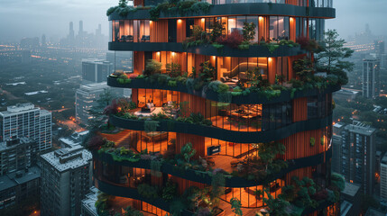 Green skyscraper building with plants growing on the facade. Ecology and green living in city, urban environment concept. Park in the sky, Eco-friendly apartments in the evening