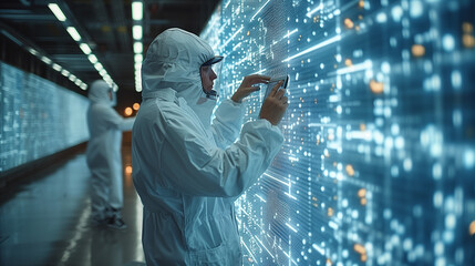 Industrial Engineers Visualize the Wall of Big Data Statistics and Optimize High-Tech Electronics Facilities. Industry 4.0 Machinery Production, Factory Digitalization