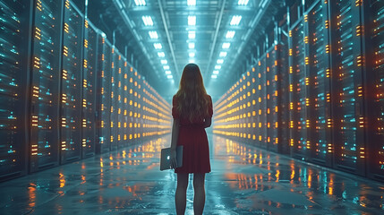 Big Data Center Female with laptopChief Technology Officer Standing In Warehouse, Activates Servers, Information Digitalization Starts. SAAS, Cloud Computing, Web Service