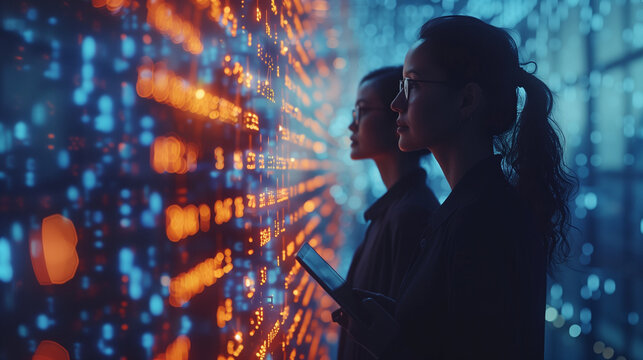 Asian Industrial Engineers Use a Tablet Computer to Visualize the Wall of Big Data Statistics and Optimize High-Tech Electronics Facilities. Industry 4.0 Machinery Production, Factory Digitalization