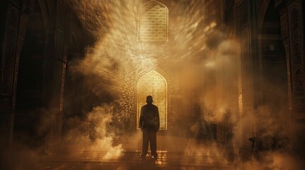 Silhouette of muslim man worshiping and praying for fasting and Islamic Eid in old mosque with lighting and smoke background - Eid Ul Fitr - generative ai