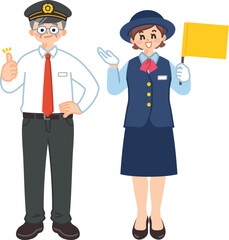 運転士の高齢男性とバスガイドの女性