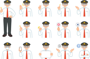 運転士の高齢男性　表情とジェスチャーのイラスト素材セット