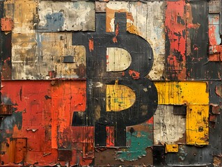 Bitcoin on Canvas: An Urban Grunge Art Piece Merging Crypto Finance with Street Art Aesthetics on Weathered Wall