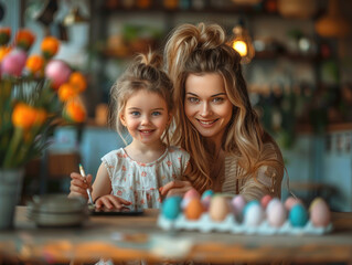 a mother and daughter sitting at a dining table, painting  Easter eggs together. They are surrounded by  colorful Easter decorations 