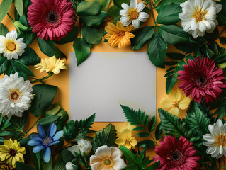 floral flat lay with a white square centerpiece, perfect for greeting cards. Vibrant colors and natural elements create a trendy design. Ideal for spring concepts
