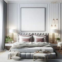 blank poster frame mockup in a white luxury bedroom