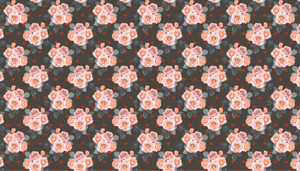 retro pop pink rose seamless pattern, vector graphic resources, 16:9 widescreen wallpaper / backdrop, dark brown background