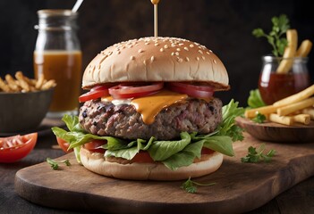 A hamburger, a staple food in fast food cuisine, is served on a wooden cutting board alongside French fries, a popular side dish