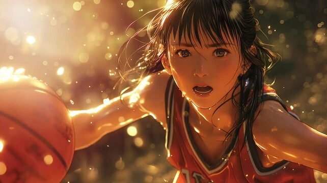 An animation of a woman playing basketball with great enthusiasm, enhanced with a seamless time-lapse effect.