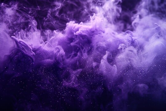 Shiny smoke. Glitter fluid. Ink water. Magic mist. Purple color particles texture paint vapor storm