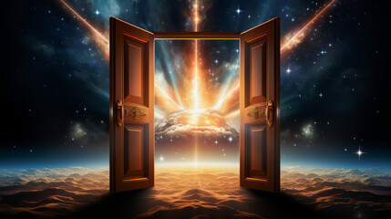Naklejka premium Open door to a cosmic landscape, concept of new beginnings. Surreal fantasy. Generative AI