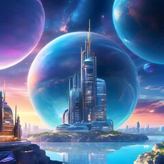Highly detailed illustration of a hidden world inside planet earth, atmosphere, futuristic city and spaceship in the background, holographic shimmer, whimsical lighting, futuristic Generative AI