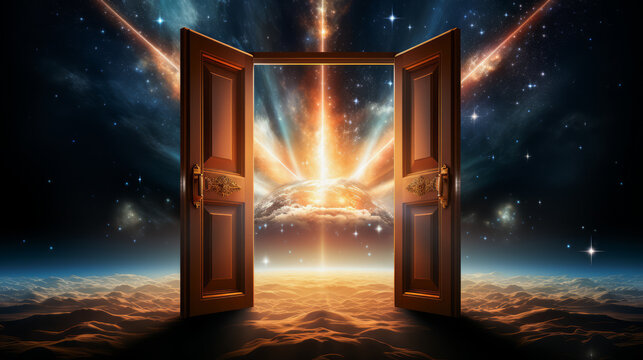 Open door to a cosmic landscape, concept of new beginnings. Surreal fantasy. Generative AI