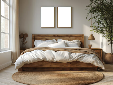 A cozy bedroom interior with a wooden bed and two blank posters on the wall. Ai generative illustration
