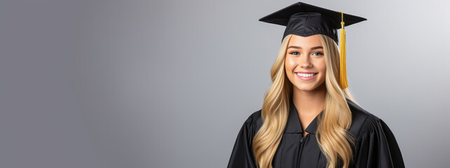 A smiling woman in graduation attire represents a successful European university alumni highlighting education, study, and business success. Ai generative illustration