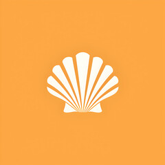 A logo illustration of a seashell on orange background.