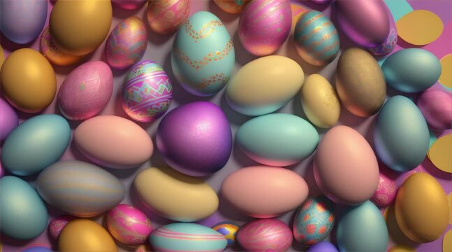 Colorful Easter eggs in basket and nest with holiday decorations, candy, and toys