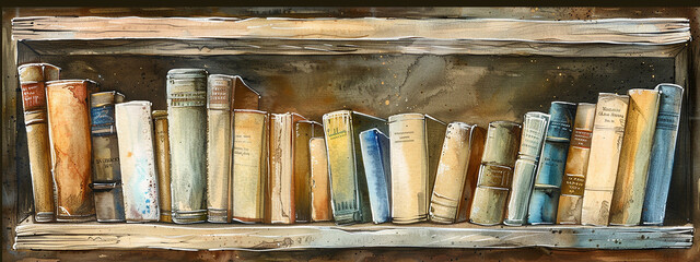 Old weathered bookshelf filled with worn vintage books. Watercolor painting art style. Generative ai. - 741134413