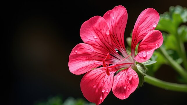Vibrant pink geranium flowers against a dark background, highlighting the delicate petals and red stamens.
