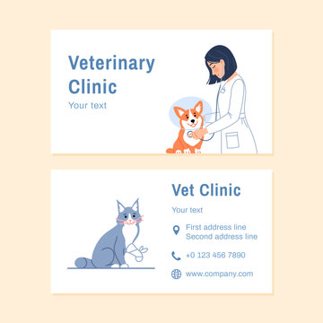 Veterinary business card template with text copy space for contact information, website, phone. Young veterinarian with dog, cat visiting card design. Flat line vet clinic creative vector illustration