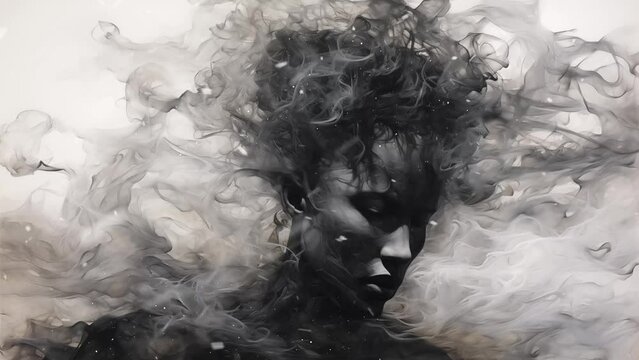 man materializing through smoke an abstract ink. seamless looping overlay 4k virtual video animation background 