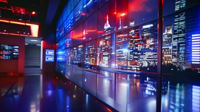 digital city on corporate media video wall mainstream media set news broadcast concept Generative AI