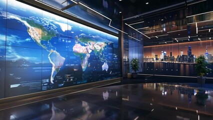 digital world map on corporate media video wall mainstream media set news broadcast concept Generative AI