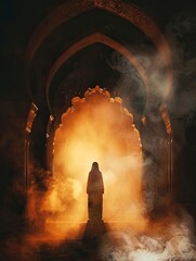 Silhouette of muslim man worshiping and praying for fasting and Islamic Eid in old mosque with lighting and smoke background - Eid Ul Fitr - generative ai - obrazy, fototapety, plakaty