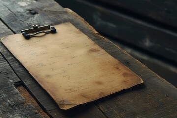 A clipboard with old, scrap paper is presented, with a texture-rich design, rim light, and a transparent/translucent medium in a vintage academia style.