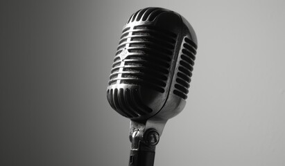A mic is presented against a white background, in a bold black and white style, showcasing the human form in a grand manner with light black and silver tones.